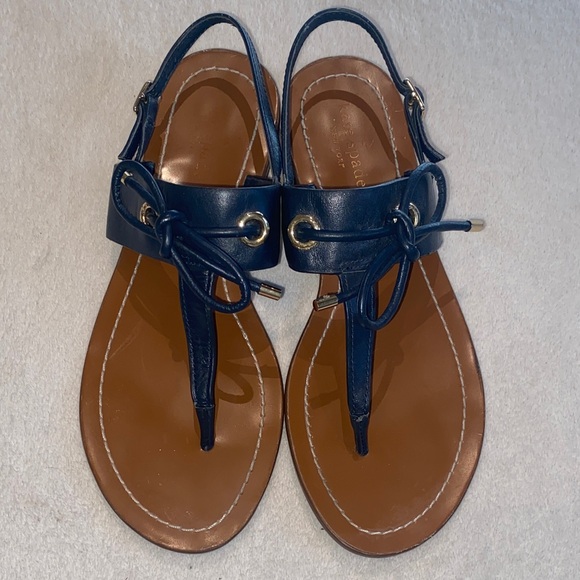 Kate Spade navy leather t-strap sandals with leather bows with gold tip Sz 8 - Picture 1 of 10